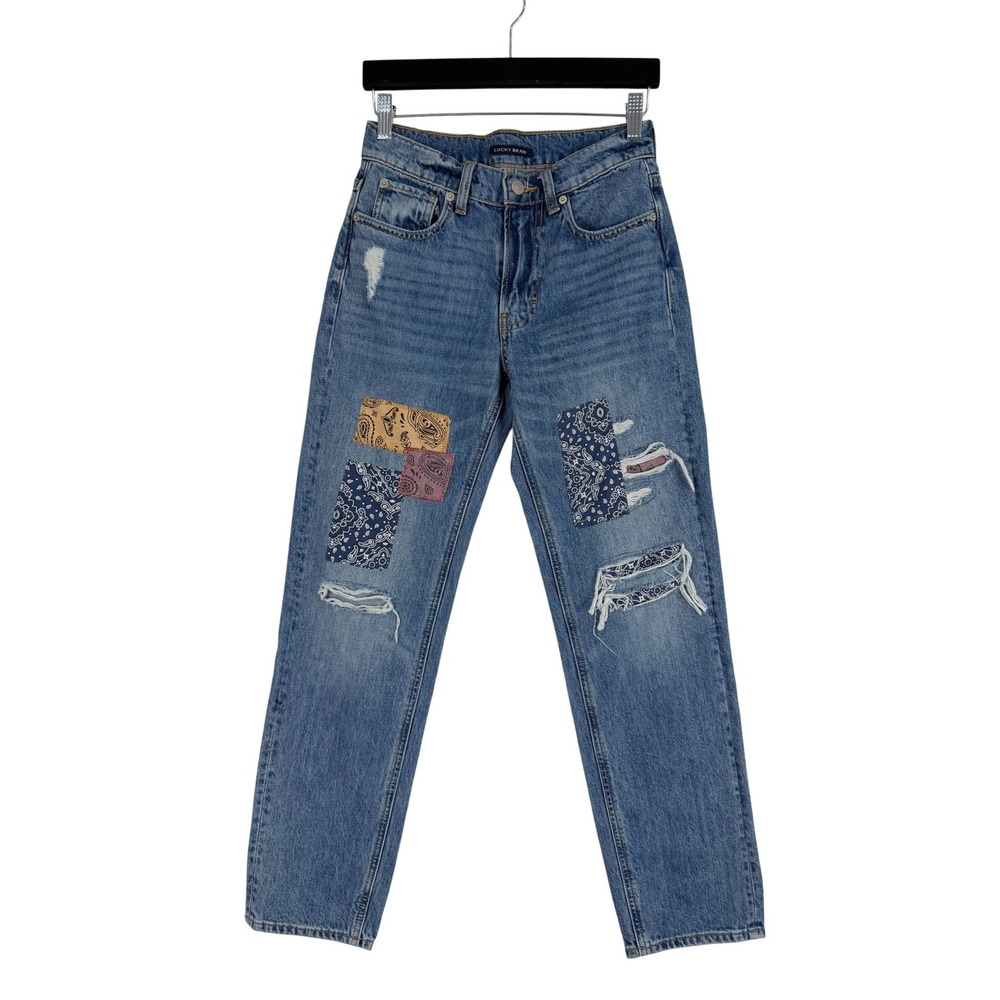 Lucky Brand Mid Rise Boy Jeans Women 0/25 Blue Bandana Patchwork Distressed